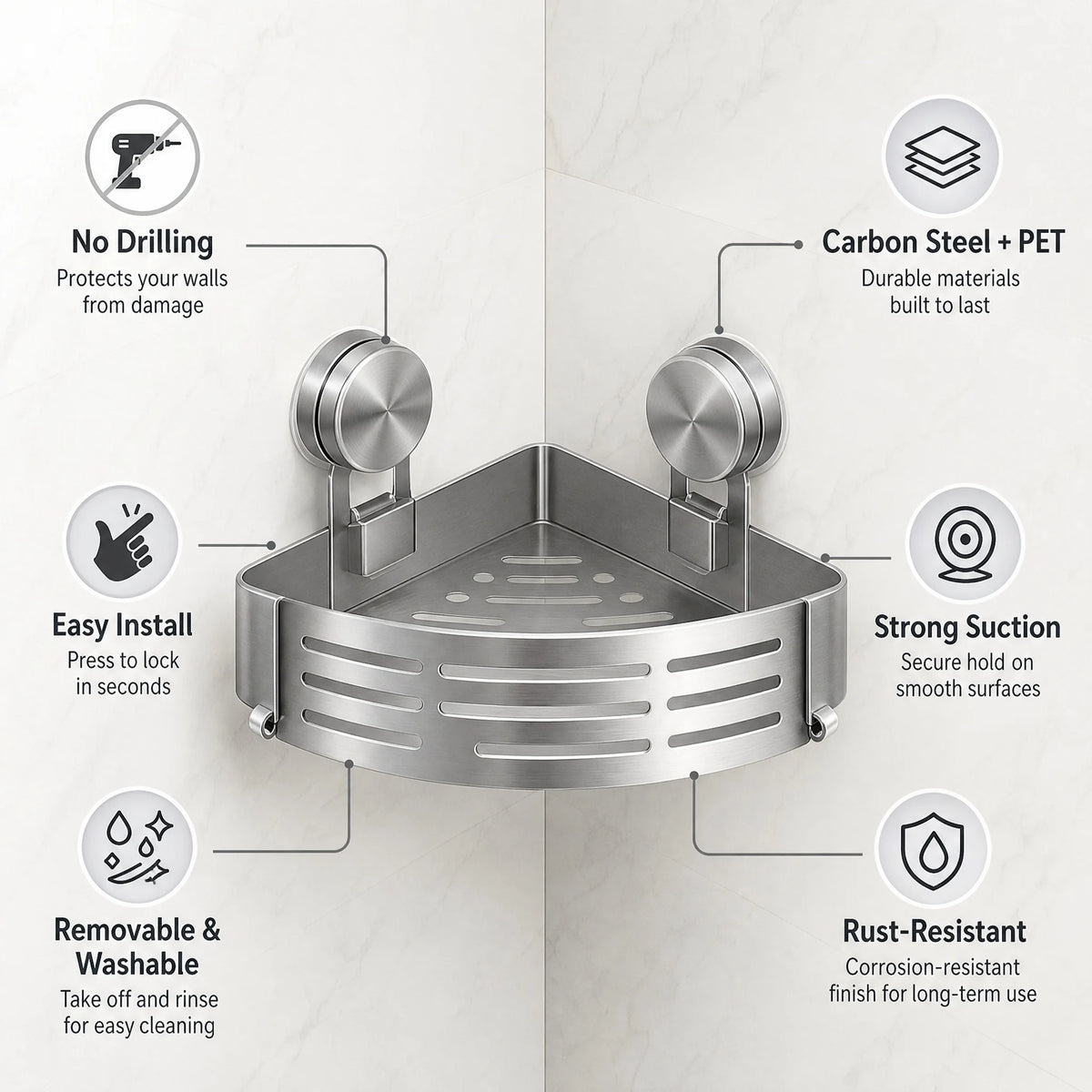 Shower Wall Storage Basket,Suction Mount No Drilling,Rustproof Aluminum, 4-Layer Protection,for Corner Space, Includes Towel Bar